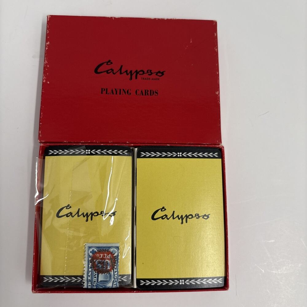 Vintage Calypso Playing Cards Dual Decks Yellow Logo in Original Red Box 1950's